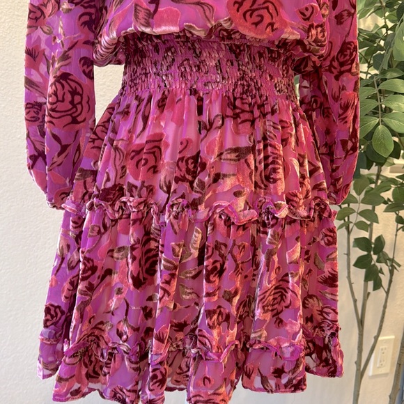 OPT Pink Velvet Floral Mock Neck Long Sleeve Tiered Mini Dress Size Extra Small - Picture 3 of 9
